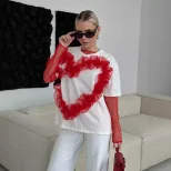 Womens Ruffled Heart Design T Shirt Soft Cotton Loose Fit Round Neck Stylish Layered Look Casual