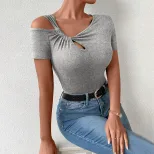 Womens Fashionable Short Sleeve T Shirt Asymmetrical Design Off Shoulder Neckline Lightweight Fa