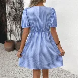 Vintage Striped Dress Summer Collection Round Neck Bow Tie Detail Elegant Style Wholesale Availa