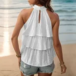 Womens Summer Layered Halter Top White Lightweight Fabric Trendy Design Perfect for Casual Outin