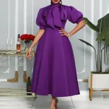Plus Size Womens Summer Dress Solid Color Bow Tie Flared Hem Elegant Party Gown Wholesale Availa