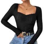 Womens Basic Fashion T Shirt Simple Design Square Neck Long Sleeve Lace Trim Solid Color Spring