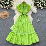 Elegant Vintage Lace Panel Waist Defined Short Sleeve Dress for Women Flowy Maxi Style Available in Red White Green Wholesale