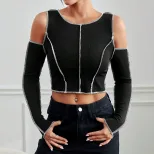 Slim Fit Color Block Off Shoulder Long Sleeve T Shirt Stylish Stitching Detail Casual Wear for W