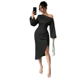 Asymmetrical Long Sleeve Dress Ruched Slit Bodycon Fit Elegant Evening Wear Wholesale Available