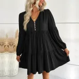 Short Loose V Neck Dress Wrinkled Design Solid Color Minimalist Style Autumn Fashion Wholesale A