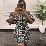 Fashionable Lantern Sleeve Mini Dress Stand Collar Printed Shoulder Pads Slim Fit Casual Summer
