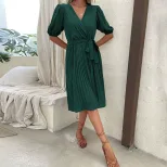 Summer Green Ruched Dress V Neck Tie Detail Fashionable Design Perfect for Casual Outings Wholes