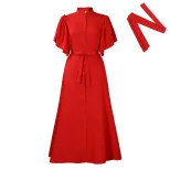 Fashionable Summer Long Dress Loose Fit Belted Single Breasted Flared Sleeves Perfect for Casual