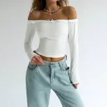 Off Shoulder T Shirt Sexy Slim Fit Short Length Spring Summer Style Womens Casual Wear Wholesale
