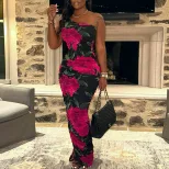 Sleeveless Asymmetrical Shoulder Dress Fashionable Floral Print Bodycon Fit Mid Length Casual Pa