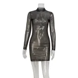 Womens Bodycon Dress Sheer Long Sleeves Gold Foil Detailing Slim Fit Elegant Evening Wear Wholes