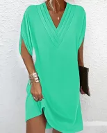Womens Spring Summer V Neck Batwing Sleeve Dress Pleated Design Elegant Style Perfect for Casual