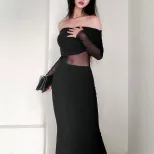 Off Shoulder Ruched Long Sleeve Dress Elegant French Style Autumn Fashion Sexy Silhouette Wholes