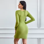 Womens Bodycon Mini Dress Two Piece Look Ruched Design Long Sleeve Knitted Fabric Perfect for Pa