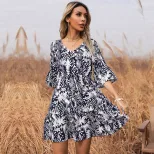 Tropical Print Short Sleeve Dress for Women Summer Vacation Style Available in Red and Blue Wholesale Supply