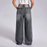 Vintage Embroidered Cross Denim Jeans Womens Straight Leg Retro Style Casual Wear Wholesale Avai