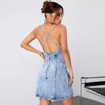 Womens Denim Dress Slim Fit V Neck Backless Asymmetrical Design Casual Summer Wear Wholesale Ava