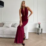 Elegant Womens V Neck Halter Backless Dress Ruffled High Waist Solid Color Perfect for Parties a