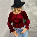 Womens Long Sleeve T Shirt Off Shoulder Neckline Ruffle Detail French Style Velvet Fabric Spring