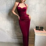 Summer Velvet Bodycon Maxi Dress Solid Color Halter Neck Slim Fit Sexy Style Perfect for Parties