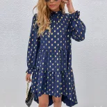Polka Dot Midi Dress Gold Foil Print Loose Fit Half Turtleneck Casual Wear for Women Wholesale A
