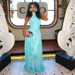 Casual A Line Dress Halter Neck Color Block Waist Defining Lightweight Fabric Beachwear or Summe