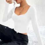 Slim Fit Long Sleeve T Shirt V Neck Side Slit Sexy Design Autumn Winter Womens Fashion Wholesale