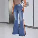 High Waisted Flared Jeans Slim Fit Split Hem Stretch Denim Casual Wear for Women Wholesale Avail