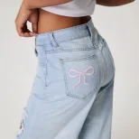 Loose Fit Butterfly Embroidered Ripped Denim Pants Womens Casual Style Perfect for Everyday Wear