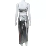 Sexy Backless Spaghetti Strap Maxi Dress Gold Foil Detail High Slit Elegant Fit Perfect for Part