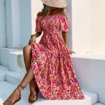 Bohemian Floral Print Dress Off Shoulder Puff Sleeves Elegant Design Perfect for Summer Events W