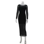 Elegant Long Sleeve Bodycon Dress with Round Neck and Sheer Mesh Panels Perfect for Red Carpet E