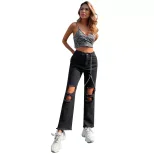 Womens Casual Ripped Denim Pants Trendy Chain Detail Stylish Fit Comfortable Fabric Perfect for