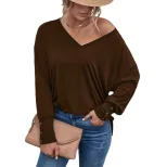 Womens Loose Fit V Neck Long Sleeve T Shirt Solid Color Casual Style Autumn Winter Ready to Ship