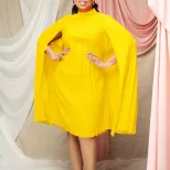 Plus Size Batwing Sleeve Dress Fashionable Loose Fit Pleated Design Elegant Style Spring Collect
