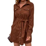 Corduroy Long Sleeve Shirt Dress Button Front Belted Loose Fit Spring Summer Casual Wear Wholesa