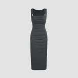 Elegant Sexy Knitted Ruched Bodycon Maxi Dress Ribbed Design Waist Cinching Slim Fit Perfect for