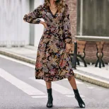 V Neck Floral Long Sleeve Dress Elegant Design European and American Style Perfect for Casual or