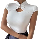 Womens Short Sleeve T Shirt Slim Fit Chinese Knot Design Elegant Style Perfect for Casual Wear W