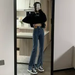 欧洲站开叉牛仔裤女2022秋冬新款韩版高腰显瘦百搭拖地直筒喇叭裤