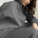 Womens Casual Solid Color Cotton Hoodie Set Zipper Fleece Lined Loose Fit Ideal for Sports and E