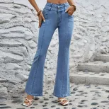Womens Stretchy Casual Straight Leg Denim Pants Versatile Design Comfortable Fit Trendy Style Wh