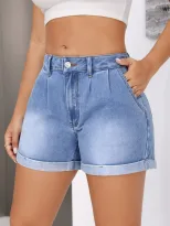 Loose Fit High Waisted Denim Shorts Versatile Flattering Rolled Hem Casual Summer Wear Wholesale