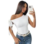 Womens Off Shoulder T Shirt Sexy Asymmetrical Neckline Short Length Unique Design Spring Summer