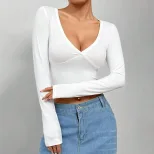 V Neck Long Sleeve Crop Top Solid Color Stylish Design Sexy Fit Spring Summer Womens Fashion Who