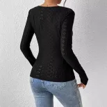 Womens Basic Fashion T Shirt Simple Design Square Neck Long Sleeve Lace Trim Solid Color Spring