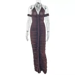 Casual V Neck Long Dress Solid Color Bodycon Fit Ruched Design Unique Style Perfect for Parties