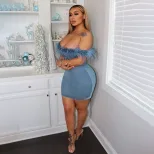 Sleeveless Bodycon Dress Stylish Patchwork Design Denim Fabric Off Shoulder Style Perfect for Pa