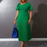 Plus Size Elegant Ruffle Sleeve Asymmetrical Dress Pleated Design European Style Casual Wear Who